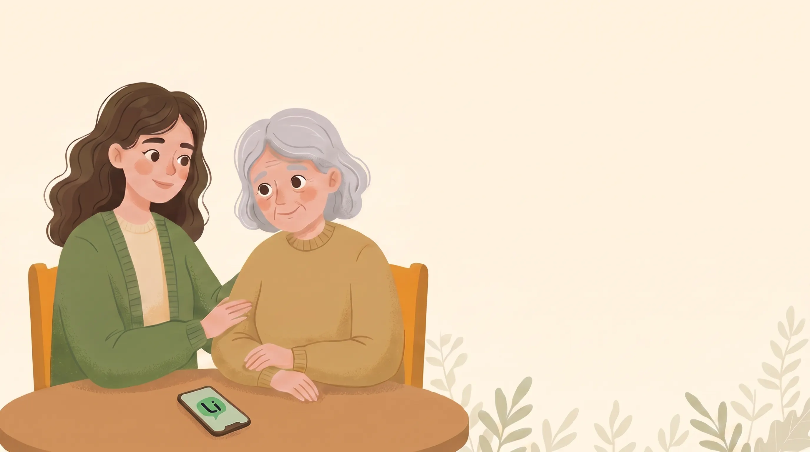 A woman sitting with her mother, phone on the table between them